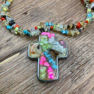 You & i Double Strands Multi Gem Stones Resin Cross Silver Tone Necklace